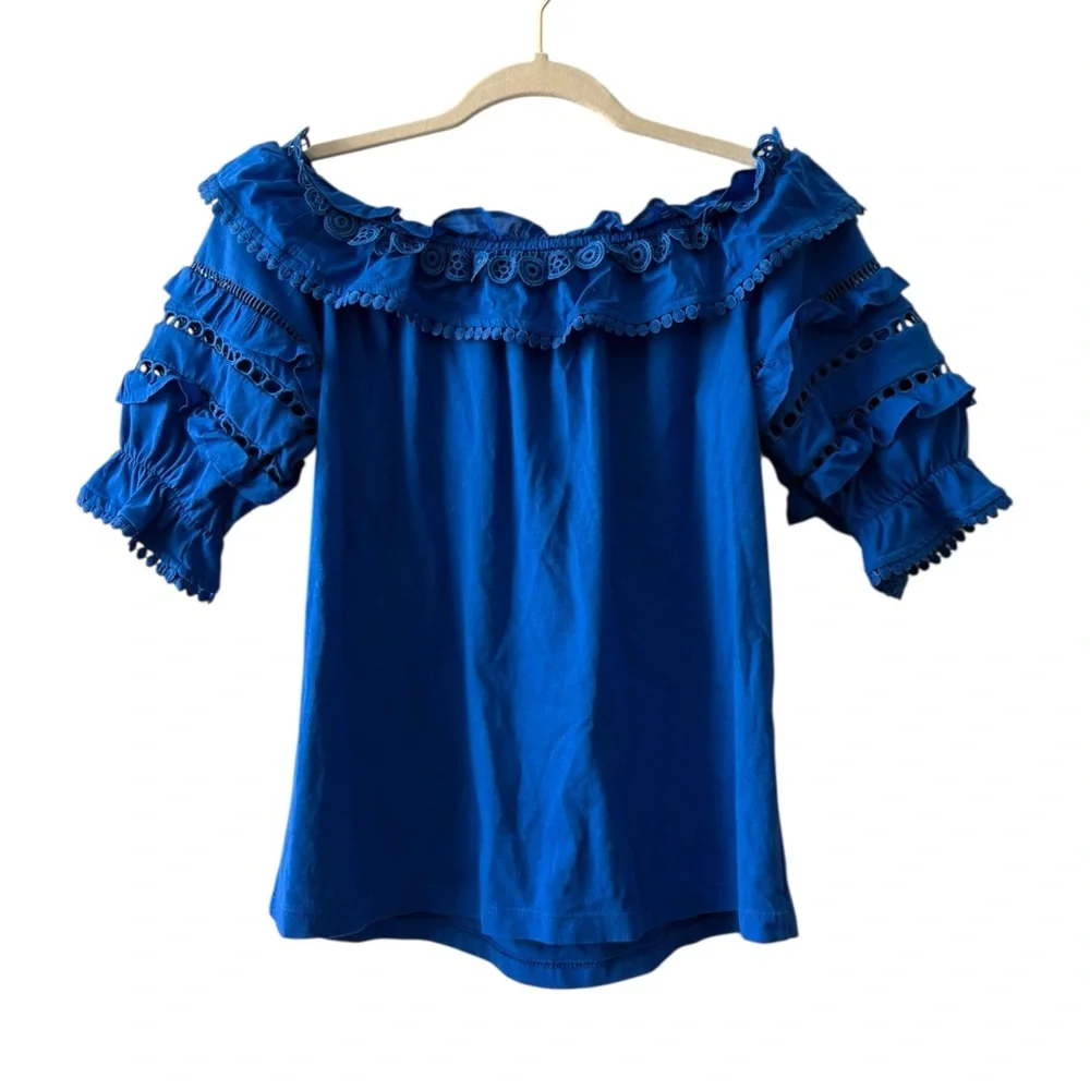 Lilly Pulitzer Brentwood Top in Blue Grotto $108 Puff‎ Sleeve Eyelet Size XS